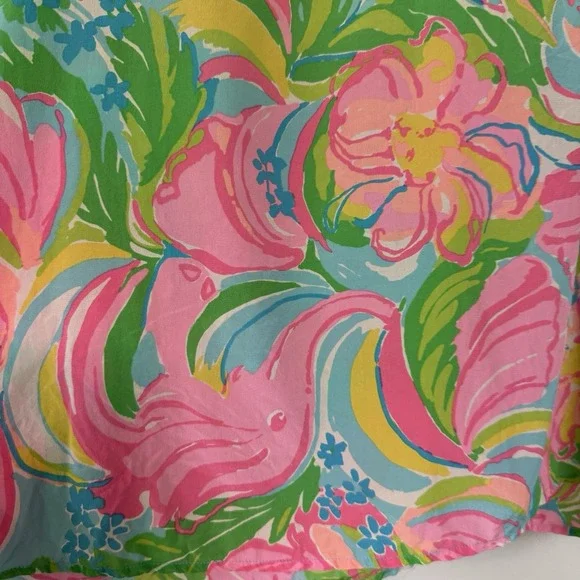 Lilly Pulitzer Silk Blouse S Floral Safari Pink Green Print Peasant Top FLAW - Picture 6 of 12